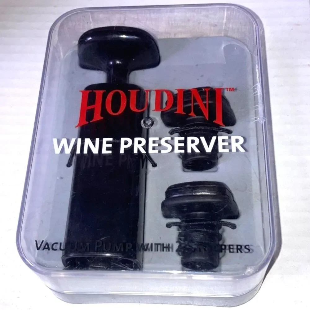 Wine Stoppers HOUDINI Wine Preserver Vacuum Pump with 2 Stoppers NEW Open Box